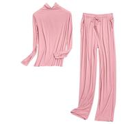 Generisch Loungewear - Set pigiama da donna a maniche lunghe, con coulisse, in due pezzi, tinta unita, morbido, elasticizzato, leggero, per la casa, per il sonno, Rosa18, L