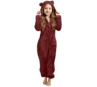 Generisch Mädchen Teddy Fleece Schlafoverall mit Bärenohren Kapuze Warm Overall Plüsch Bequem Onesie Warm Jumpsuit Kleinkinder Hausanzug mit Bärenohren kinder Pigiama mit Reißverschluss, Wein, 12-13