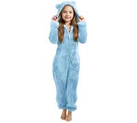 Generisch Mädchen Teddy Fleece Schlafoverall mit Bärenohren Kapuze Warm Overall Plüsch Bequem Onesie Warm Jumpsuit Kleinkinder Hausanzug mit Bärenohren kinder Pigiama mit Reißverschluss, Himmelblau