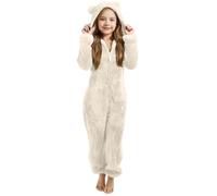 Generisch Mädchen Teddy Fleece Schlafoverall mit Bärenohren Kapuze Warm Overall Plüsch Bequem Onesie Warm Jumpsuit Kleinkinder Hausanzug mit Bärenohren kinder Pigiama mit Reißverschluss, bianco, 6-7