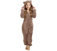 Generisch Mädchen Teddy Fleece Schlafoverall mit Bärenohren Kapuze Warm Overall Plüsch Bequem Onesie Warm Jumpsuit Kleinkinder Hausanzug mit Bärenohren kinder Pigiama mit Reißverschluss, cachi., 8-9