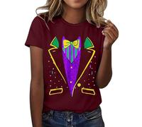 Generisch Maglia a maniche corte da donna Mardi Carnival con scollo rotondo, stile 7, Vino, S
