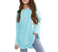 Generisch Maglia a maniche lunghe da bambina, con fori per il pollice, girocollo, tunica larga, 3-14, maglietta delfini, Azzurro, 9-10 Jahre