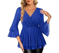 Generisch Maglia a maniche lunghe da donna, con glitter e maniche a 3/4, elegante, a maniche lunghe, con scollo a V, per il tempo libero, con glitter, Blu, XL
