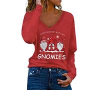 Generisch Maglia a maniche lunghe da donna in cotone con scollo a V come top casual a tunica per un comfort confortevole in inverno, Colore: rosso, S