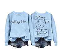 Generisch Maglia da donna a maniche lunghe con scollo rotondo, stampa alla moda con lettere come felpa leggera e larga o camicetta per uno stile casual contemporaneo, Celeste., S