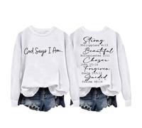 Generisch Maglia da donna a maniche lunghe con scollo rotondo, stampa alla moda con lettere come felpa leggera e larga o camicetta per uno stile casual contemporaneo, bianco, M