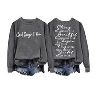 Generisch Maglia da donna a maniche lunghe con scollo rotondo, stampa alla moda con lettere come felpa leggera e larga o camicetta per uno stile casual contemporaneo, grigio scuro, L