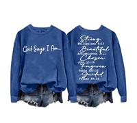 Generisch Maglia da donna a maniche lunghe con scollo rotondo, stampa alla moda con lettere come felpa leggera e larga o camicetta per uno stile casual contemporaneo, Blu, S