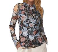 Generisch Maglia da donna a maniche lunghe in tessuto a rete con design floreale, pratici fori per i pollici come maglietta a strati alla moda per la stagione più fresca, Nero , M