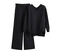 Generisch Maglia da donna in due pezzi, maglione lavorato a maglia, con colletto alto e pantaloni a maglia, elegante set da 2 maglioni a collo alto, gamba larga, pantaloni autunnali da donna, 03 nero