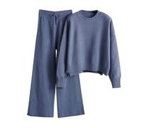 Generisch Maglia da donna in due pezzi, maglione lavorato a maglia, con colletto alto e pantaloni a maglia, elegante set da 2 maglioni a collo alto, gamba larga, pantaloni autunnali da donna, Blu (02