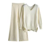 Generisch Maglia da donna in due pezzi, maglione lavorato a maglia, con colletto alto e pantaloni a maglia, elegante set da 2 maglioni a collo alto, gamba larga, pantaloni autunnali da donna, 03