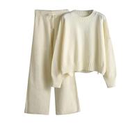 Generisch Maglia da donna in due pezzi, maglione lavorato a maglia, con colletto alto e pantaloni a maglia, elegante set da 2 maglioni a collo alto, gamba larga, pantaloni autunnali da donna, 02 beige