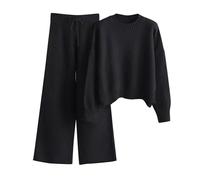 Generisch Maglia da donna in due pezzi, maglione lavorato a maglia, con colletto alto e pantaloni a maglia, elegante set da 2 maglioni a collo alto, gamba larga, pantaloni autunnali da donna, 02 nero