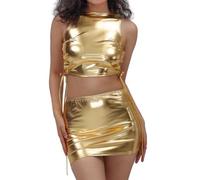 Generisch Maglia e gonna metallizzata da donna, sexy, per discoteca, clubwear, abbigliamento da palcoscenico, mini gonna elasticizzata, effetto bagnato, set di gonna da festa, tinta unita Y2K Camisole