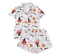 Generisch Maglia in due pezzi in tinta unita con scollo rotondo e pantaloni a quadretti con tasca in cotone Halloween pigiameria motivo dente di leone top e polka dot Sleepshirt per l'estate, Pajamas