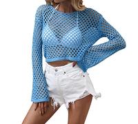 Generisch Maglieria da donna con maniche a campana, scollo rotondo, taglio corto, Blu, S