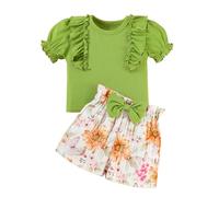 Generisch Maglietta a maniche corte per bambini, con pantaloncini, set alla moda, in due pezzi, colorato, in misto cotone, per allegri nella vita di tutti i giorni, il tempo libero, le feste, verde