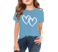 Generisch Maglietta a maniche corte per primavera, e ragazza, stampa 2D, scollo rotondo, confortevole, casual, a maniche corte, top in pizzo nero da donna, Azzurro, 4-5 Jahre