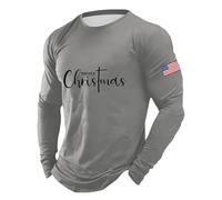 Generisch Maglietta a maniche lunghe da uomo per il fitness e il tempo libero - Maglietta sportiva "Merry Christmas" dal taglio slim fit | Top sportivo con toppa bandiera americana, Stil_j04 Grigio