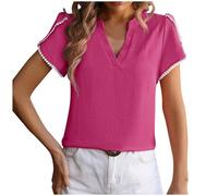 Generisch Maglietta a pendolo da donna con scollo a V, in pizzo, maniche a petali Top in seta, rosa intenso, XXL