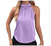 Generisch Maglietta a righe da donna in raso di seta, casual, senza maniche, con colletto alto, orlo arrotondato, per l'estate, leggera, elegante, camicia estiva da donna, Lilla, M