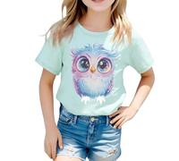 Generisch Maglietta da bambina con simpatica stampa acquerello con gufo, scollo rotondo, maniche corte, morbida per il compleanno dei bambini, gita scolastica e look giocoso per tutti i giorni