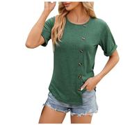 Generisch Maglietta da donna a maniche corte, scollo rotondo, bottoni, orlo irregolare, t-shirt, camicetta a tunica top puff, verde militare, M