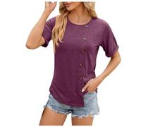 Generisch Maglietta da donna a maniche corte, scollo rotondo, bottoni, orlo irregolare, t-shirt, camicetta a tunica top puff, Vino, L