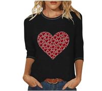 Generisch Maglietta da donna a maniche lunghe per San Valentino, scollo rotondo, a maniche lunghe, leggera, per il tempo libero, con motivo a cuore 3D, alla moda, in cotone, X-007 Nero, L