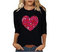 Generisch Maglietta da donna a maniche lunghe per San Valentino, scollo rotondo, a maniche lunghe, leggera, per il tempo libero, con motivo a cuore 3D, alla moda, in cotone, X-006 Nero, S