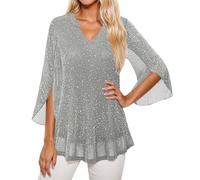 Generisch Maglietta da donna dal taglio ampio in rete a doppio strato con maniche svasate a tre quarti e colletto elegante, perfetta per abbigliamento casual estivo e alla moda., grigio., L