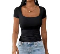 Generisch Maglietta da donna estiva basic elasticizzata con scollo a U, a maniche corte, alla moda, slim fit, per il tempo libero, a maniche corte, leggera, comoda, maglietta a costine, Nero , XXL