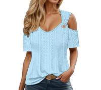 Generisch Maglietta da donna in cotone, a righe, con scollo rotondo, basic a maniche corte, elegante, comoda, estiva, per il tempo libero