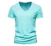 Generisch Maglietta da uomo con scollo a V, a maniche corte, traspirante, estiva, comoda, business, non necessita di stiratura, in mussola di cotone, maglietta hawaiana, oversize, a maniche corte