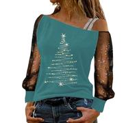 Generisch Maglietta elegante design off-Shoulder con decorazione in pizzo e motivo natalizio festivo per un look casual Sich come cotone e offre il massimo comfort, A2 verde menta, XXL