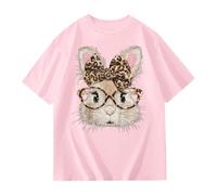 Generisch Maglietta per bambini con grafica leopardata a forma di gatto e orecchie di animali, oversize, a maniche corte con stampa animale, maglietta casual streetwear per ragazze e ragazzi