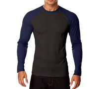 Generisch Maglietta sportiva da uomo a maniche lunghe, motivo raglan, bicolore, strato base, vintage, da lavoro, raglan, girocollo, per il tempo libero, Blu scuro, XXL