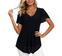 Generisch Magliette stampate, elegante camicetta in chiffon con maniche a petali, dettagli in vita, come tunica estiva casual, per donna, maglietta in poliestere, maglietta da donna, oversize, Nero