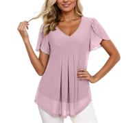 Generisch Magliette stampate, elegante camicetta in chiffon con maniche a petali, dettagli in vita, come tunica estiva casual, per donna, maglietta in poliestere, maglietta da donna, oversize, Colore