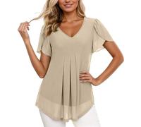 Generisch Magliette stampate, elegante camicetta in chiffon con maniche a petali, dettagli in vita, come tunica estiva casual, per donna, maglietta in poliestere, maglietta da donna, oversize, beige