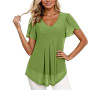 Generisch Magliette stampate, elegante camicetta in chiffon con maniche a petali, dettagli in vita, come tunica estiva casual, per donna, maglietta in poliestere, maglietta da donna, oversize, verde
