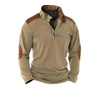 Generisch Maglione con bottoni, felpa da uomo con abbottonatura e colletto, maglione con colletto alto, senza cappuccio, toppe per gomito, maglietta alla moda, per il tempo libero, cachi, L
