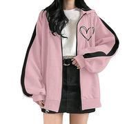 Generisch Maglione da donna a collo alto, con chiusura lampo, oversize, basic, con cappuccio e ragazza baggy, felpa da donna, Colore: rosa., L