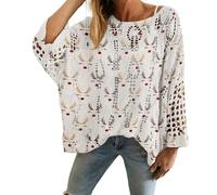 Generisch Maglione da donna a maglia grossa, a maniche lunghe, con blocco di colore, elegante, girocollo, largo, taglie forti, maglione natalizio, abbigliamento casual, lavorato a maglia, bianco, L