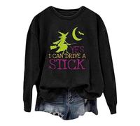Generisch Maglione da donna alla moda Halloween lettere strega "Yes I Can Drive A Stick" stampato a maniche lunghe con cappuccio, Nero , L