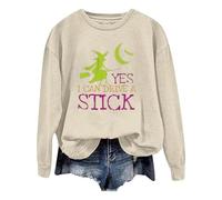 Generisch Maglione da donna alla moda Halloween lettere strega "Yes I Can Drive A Stick" stampato a maniche lunghe con cappuccio, beige., L