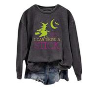 Generisch Maglione da donna alla moda Halloween lettere strega "Yes I Can Drive A Stick" stampato a maniche lunghe con cappuccio, grigio scuro, M