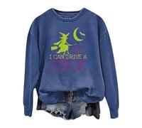 Generisch Maglione da donna alla moda Halloween lettere strega "Yes I Can Drive A Stick" stampato a maniche lunghe con cappuccio, Blu, XXL